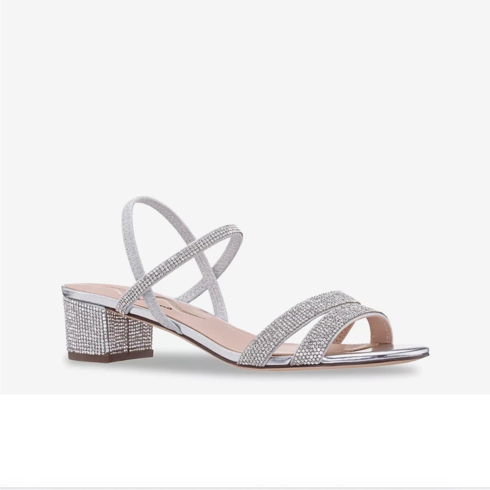Nina silver rhinestone sparkle sandal with 2” block heel, size 7.5
